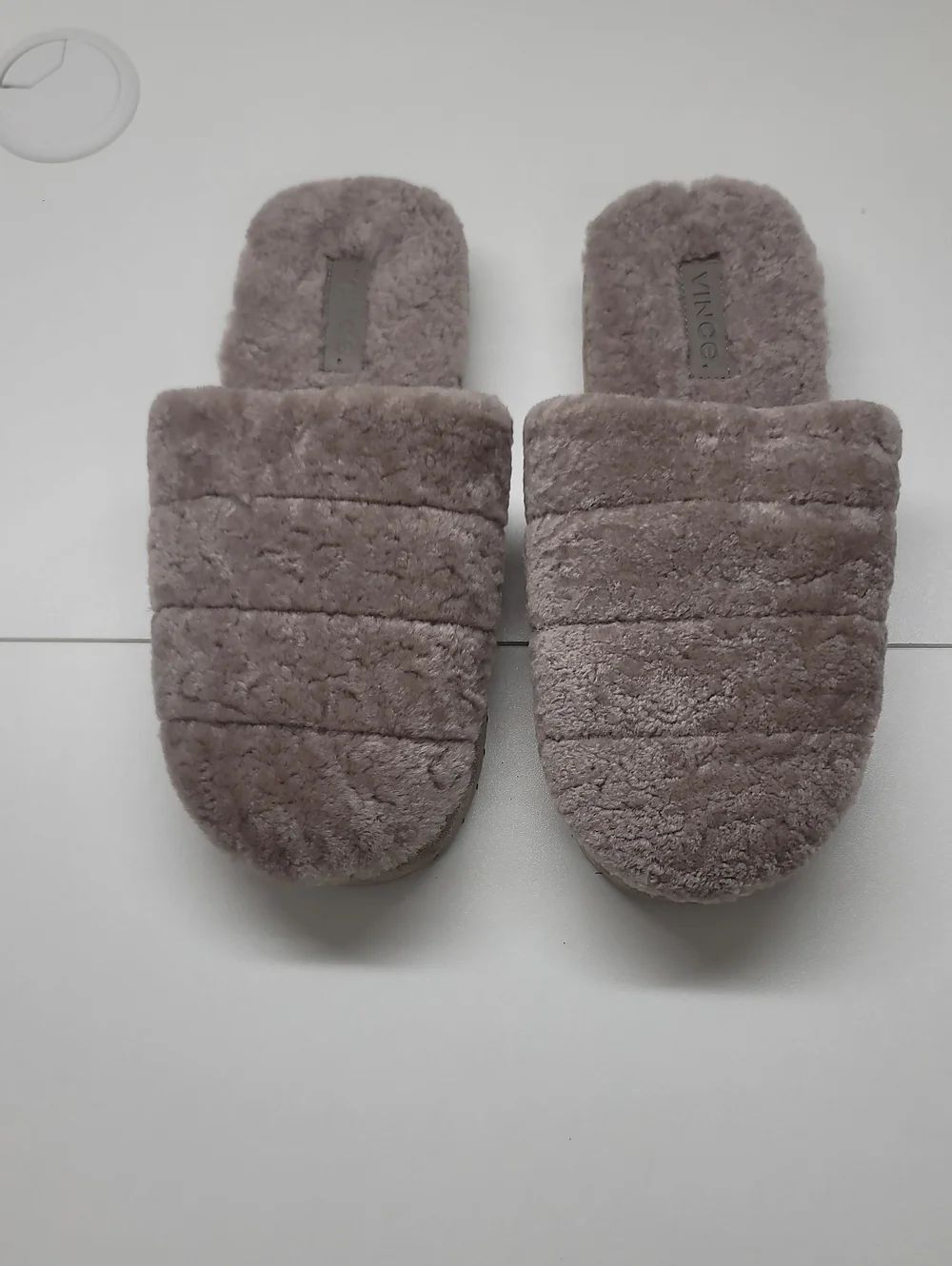 Vince Plush Dyed Lamb Fur Slide Slippers - Taupe Gray Size 6
